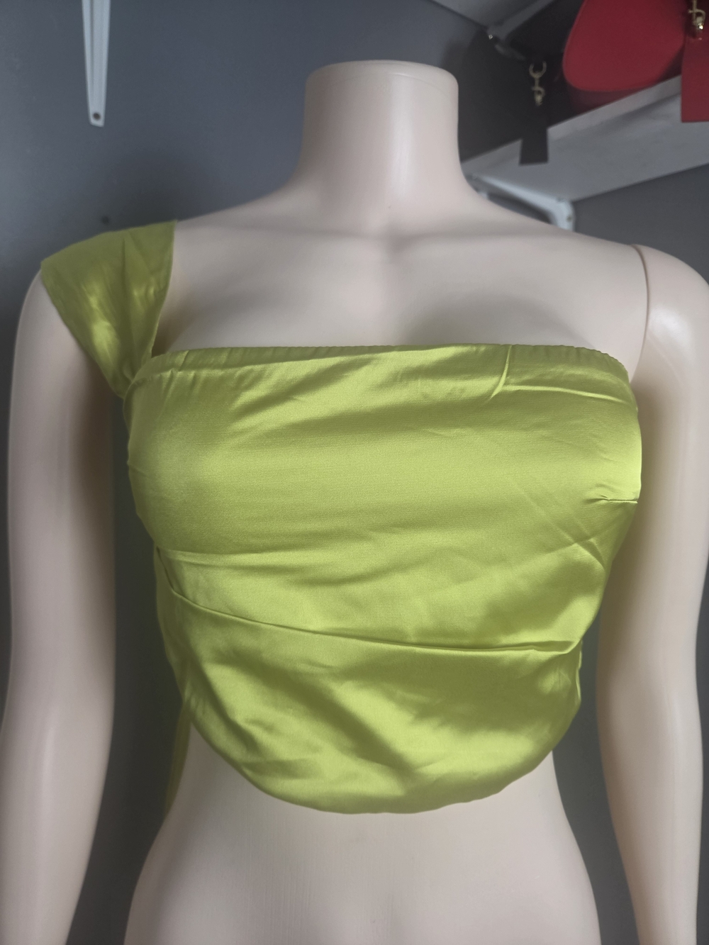 Finesse One-Shoulder Satin Lime Crop Top